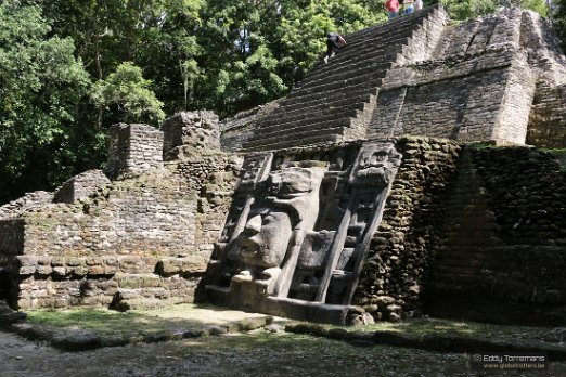 Lamanai Temple The Temple of the Masks rises off the platform base three tiers for a total height of about 17 meters. The rear of the structure has not been restored. The...