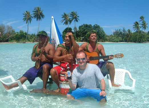 Having a beer Fun under the sun, with the Huahine the Nautical band - French Polynesia - April 2004